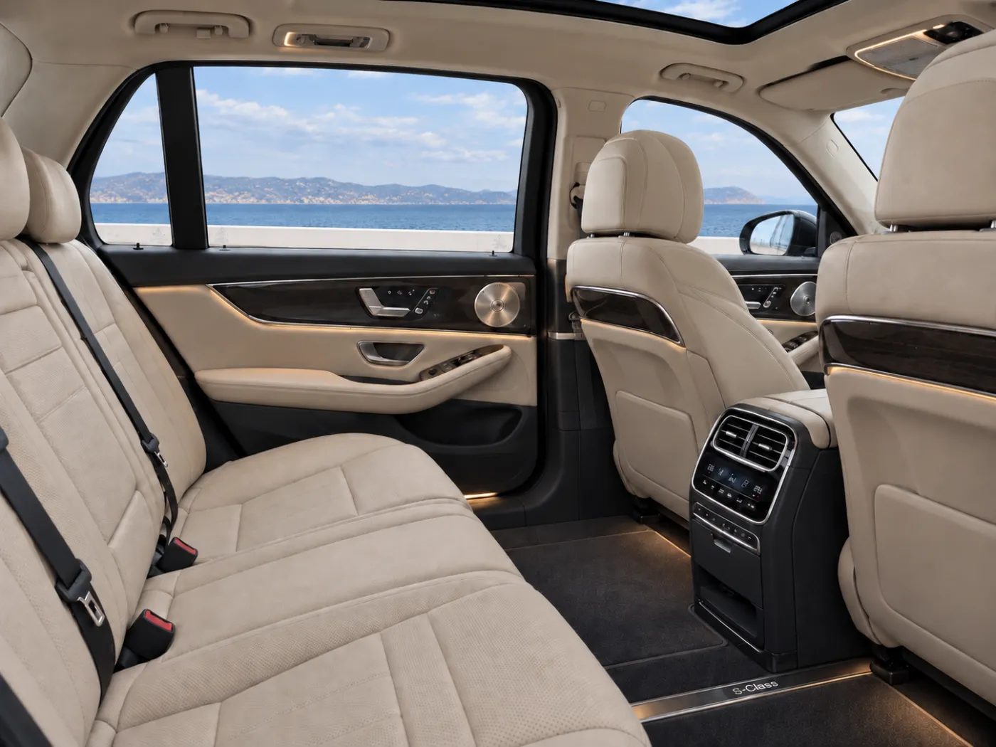 Light leather rear passenger seats inside a Mercedes-Benz S-Class