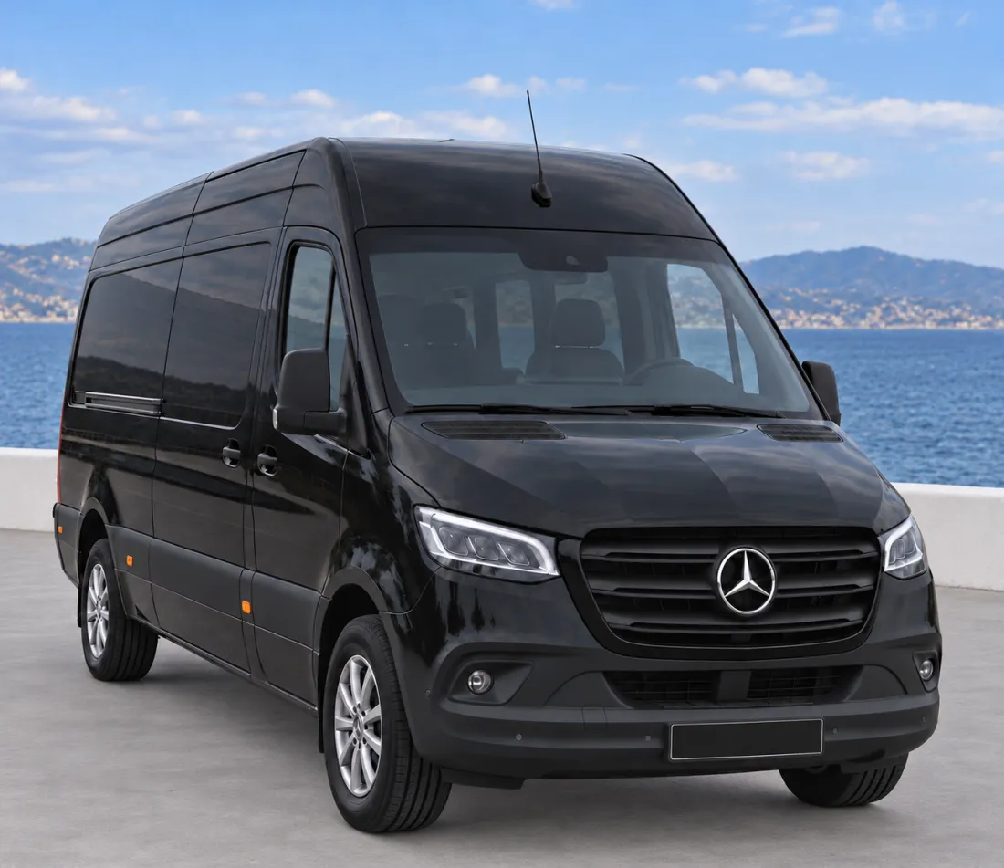 Black Mercedes-Benz Sprinter minibus, front view