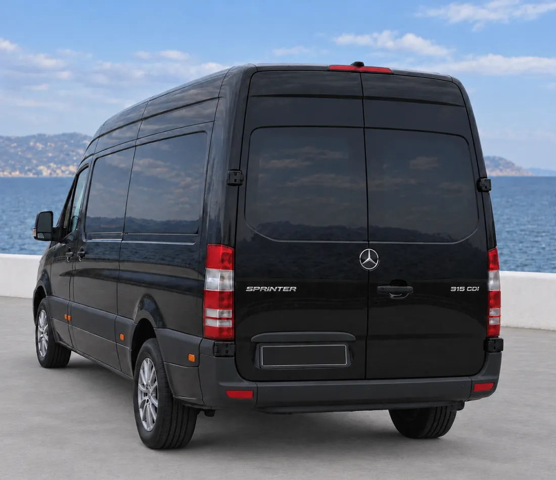 Black Mercedes-Benz Sprinter minibus, rear view